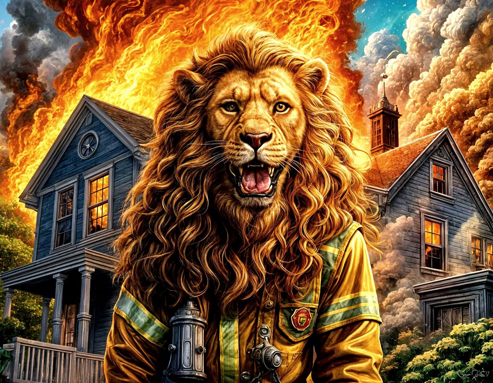Cowardly Lion as Firefighter in Hyperrealistic Splash Art