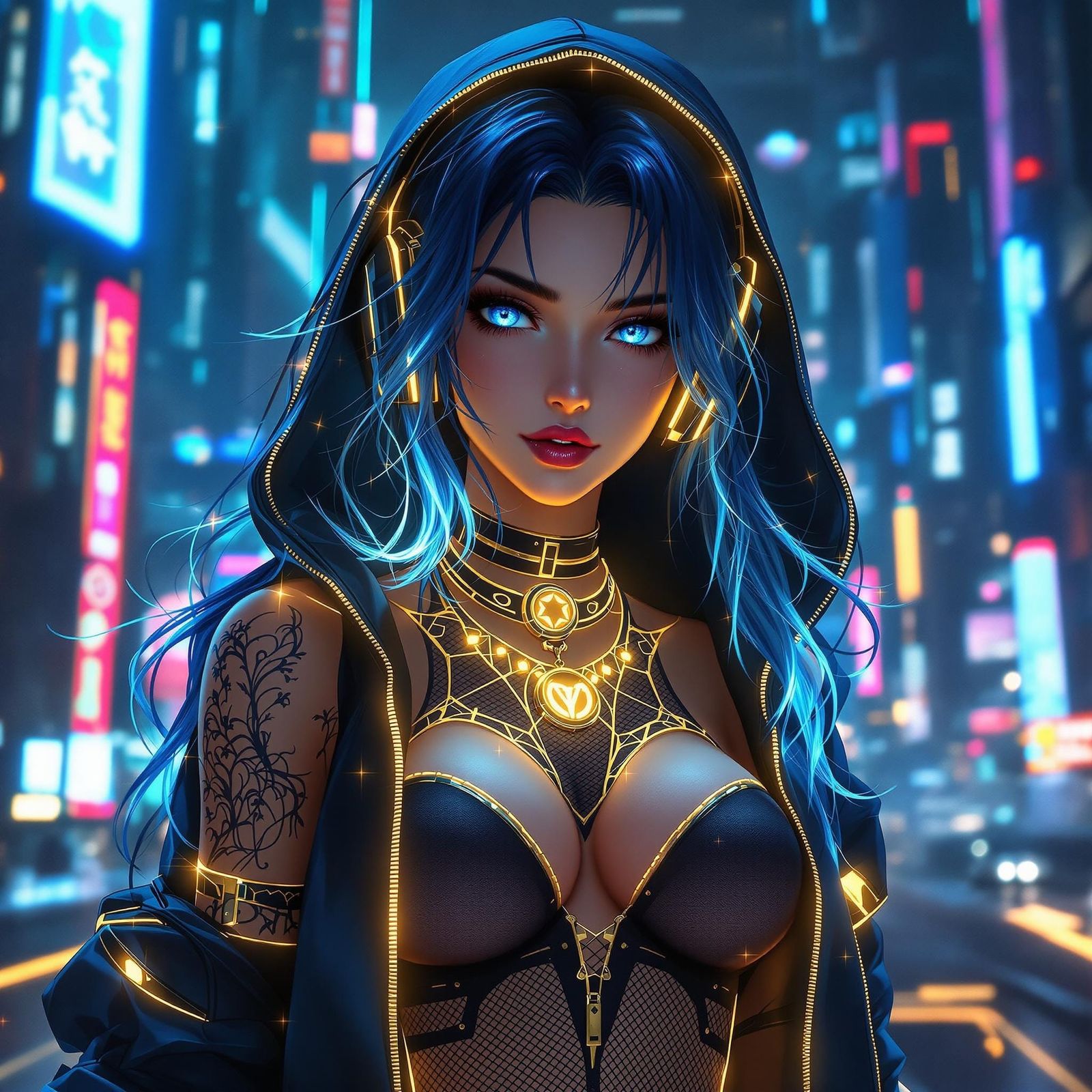 Anime Woman in Cyberpunk Cityscape