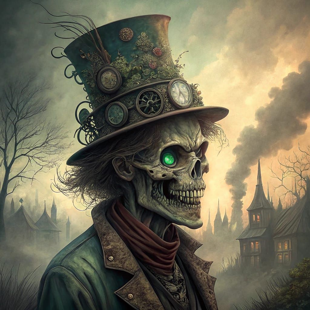 Steampunk Mad Hatter Skull in Dreamy Landscape