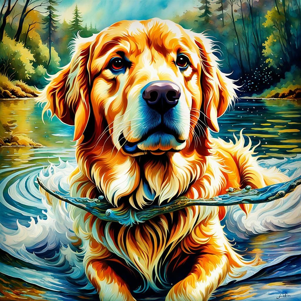 Golden retriever swimming in a lake