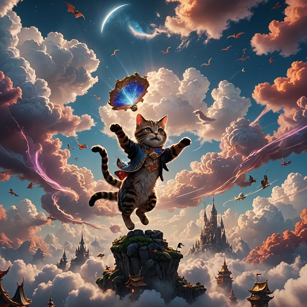 Dancing Cat with Dragons in Purple Sky