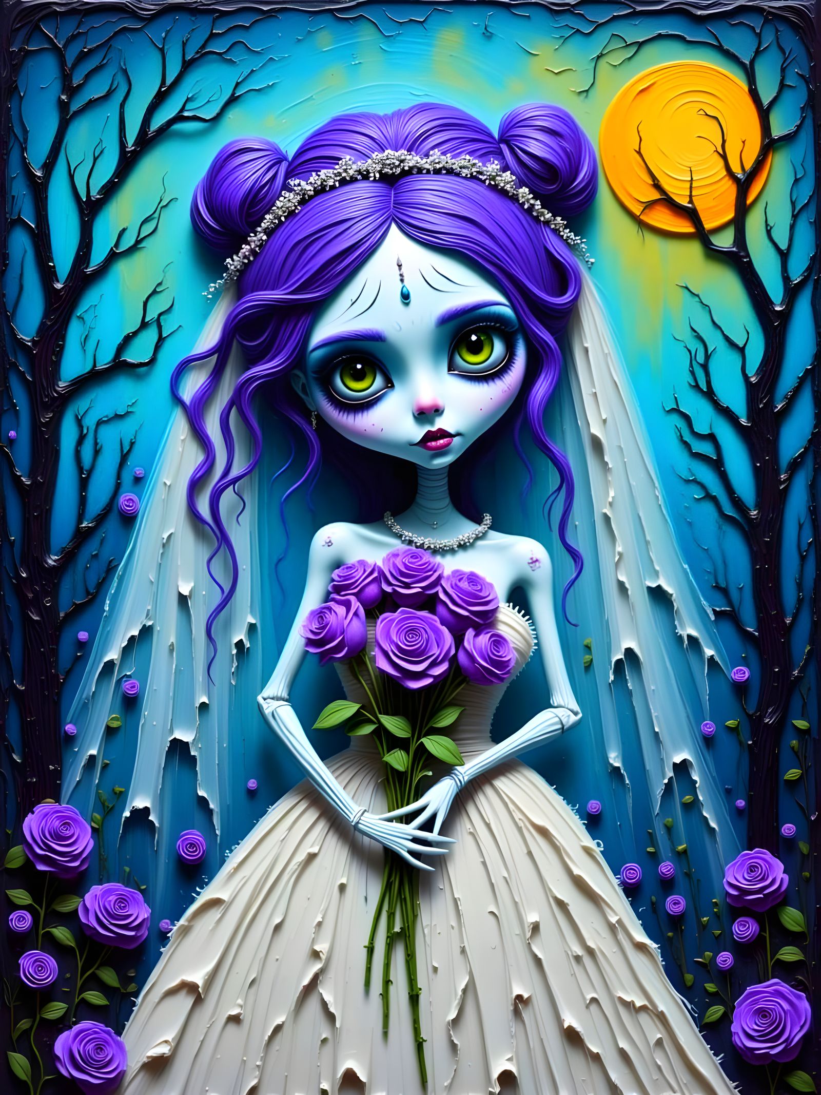 Whimsical Zombie Bride in Encaustic Moonlight