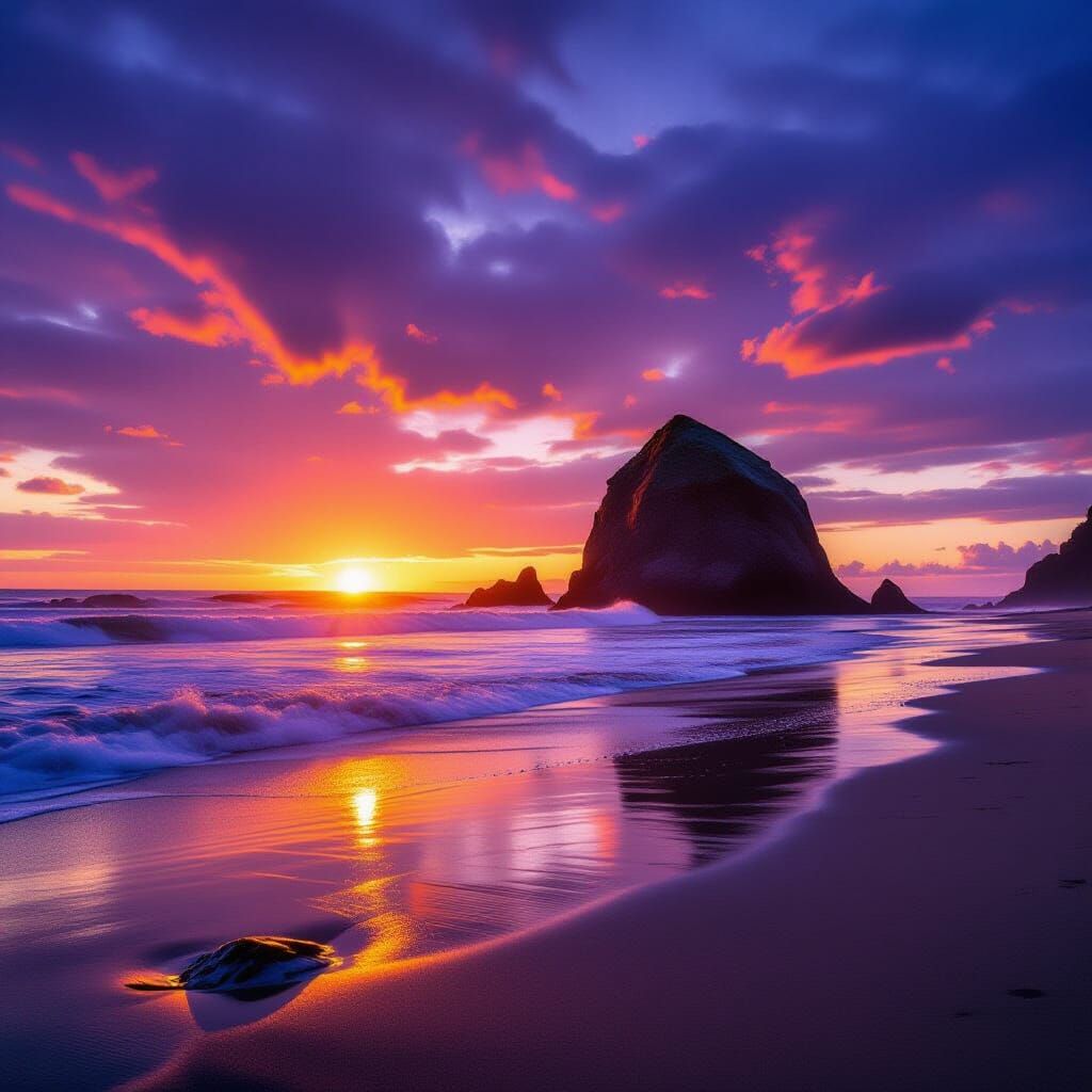 Cannon Beach Sunset with Haystack Rock in Hyperrealistic Sty...