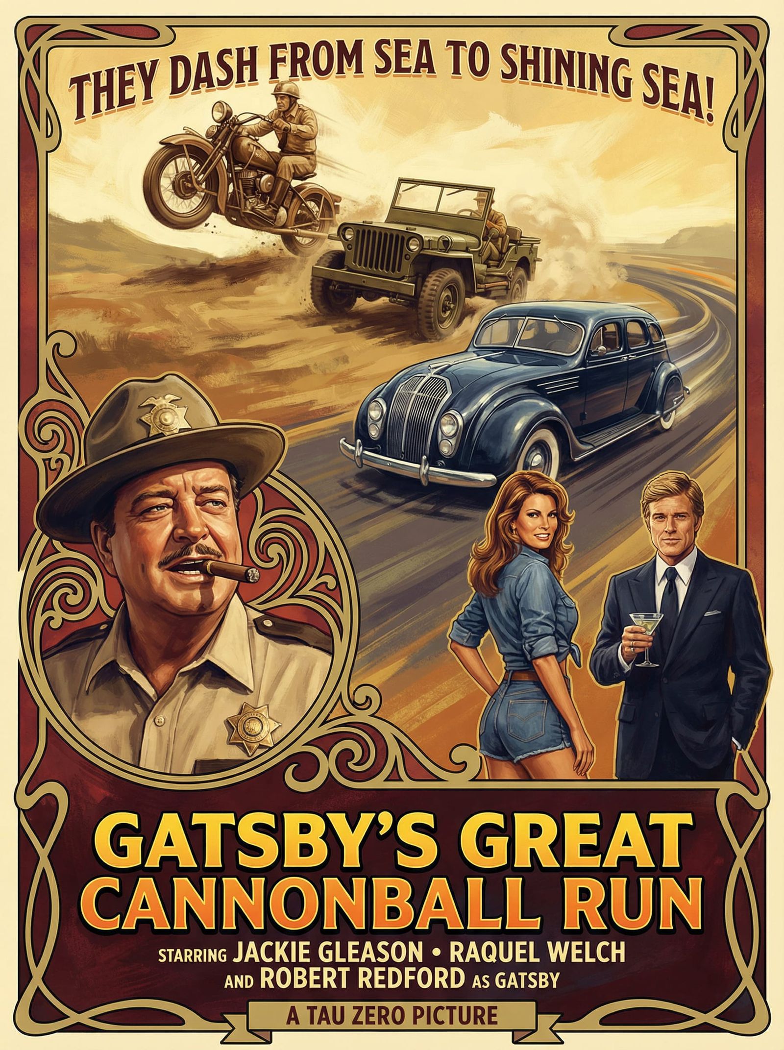 1970s Action Movie Poster with Art Nouveau Flair