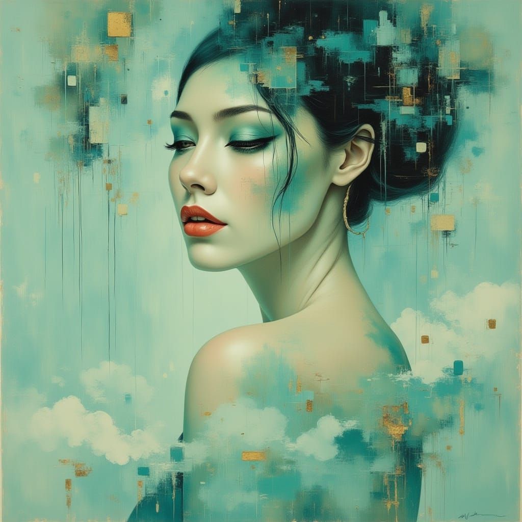 Geisha Portrait with Vibrant Green Eyes in Ethereal Dream St...