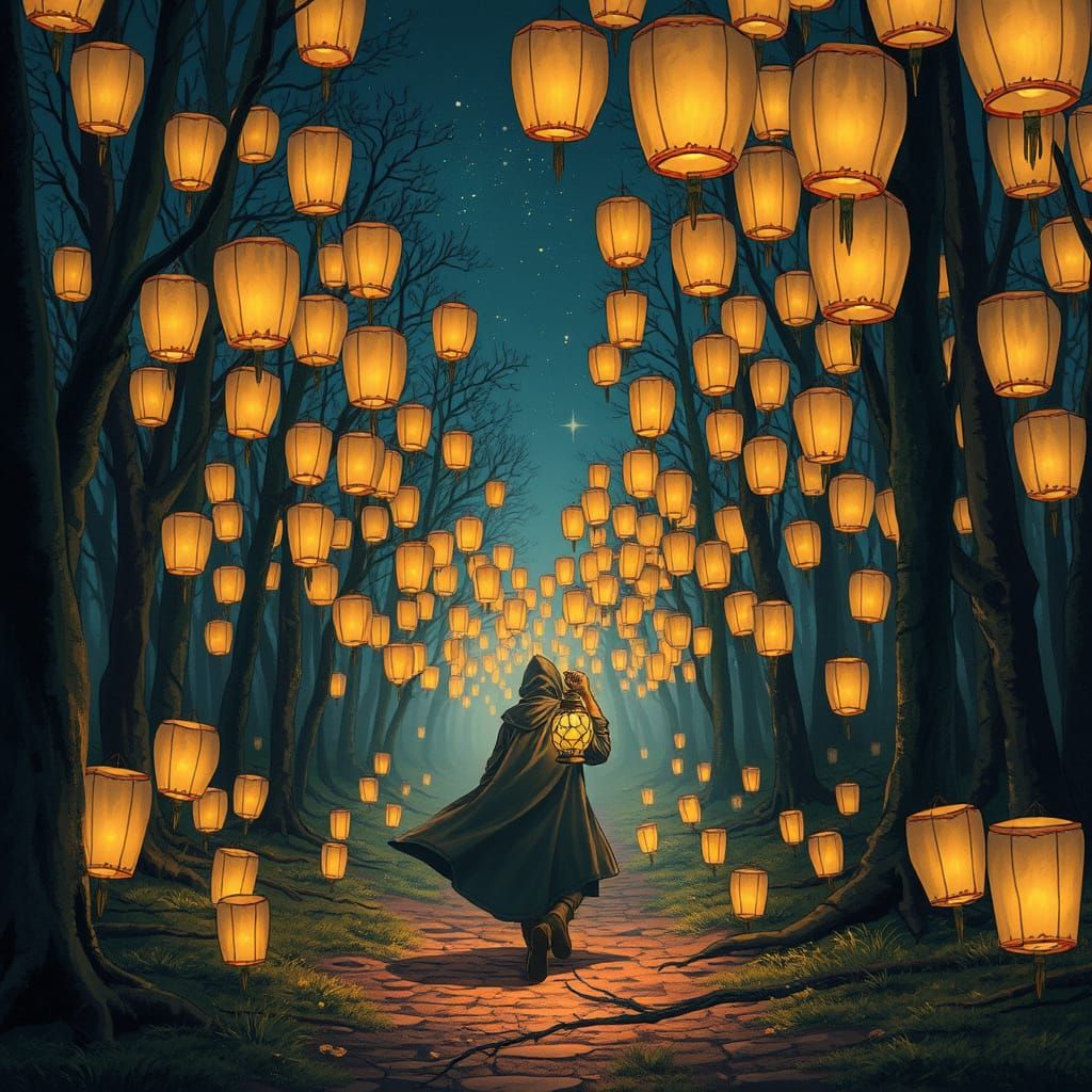 Mystical Lantern in a Starry Forest