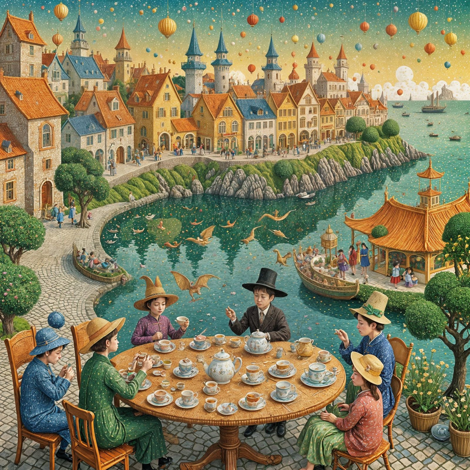 Fairytale Seaside Town with Dragons, Pointillist Illustratio...