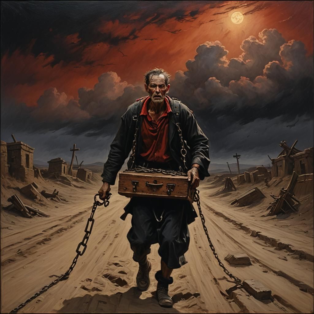 Man Carrying Coffin in Eerie Oil Painting