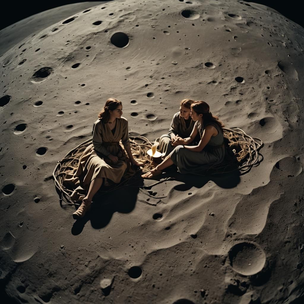 Arachnid Women Weaving on the Moon: Cinematic Still