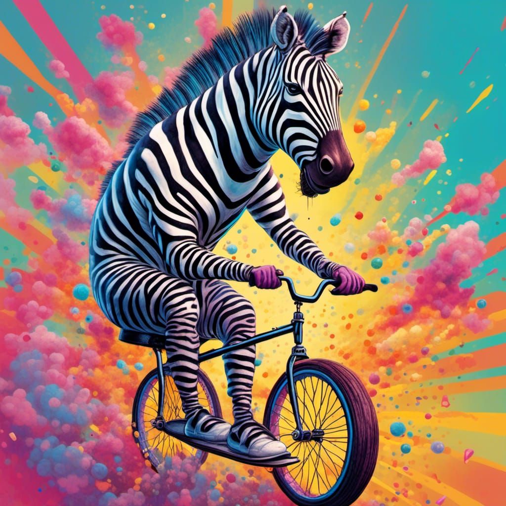 Hyperrealistic Zebra Riding Unicycle in Splash Art
