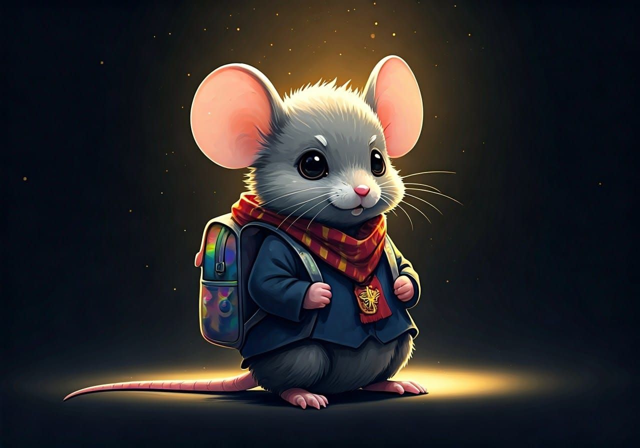 Chibi Wizard Mouse Student with Iridescent Backpack