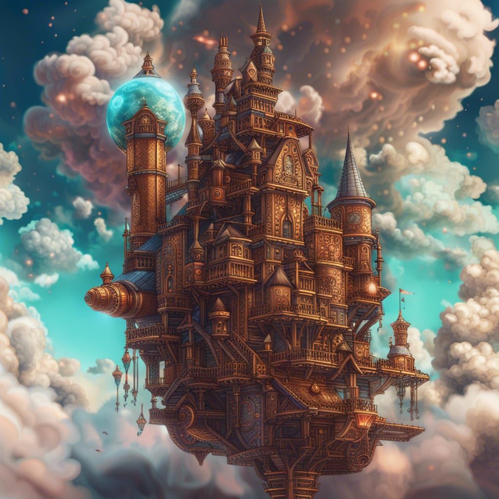 Rocket-Powered Castle in the Sky: Digital Illustration