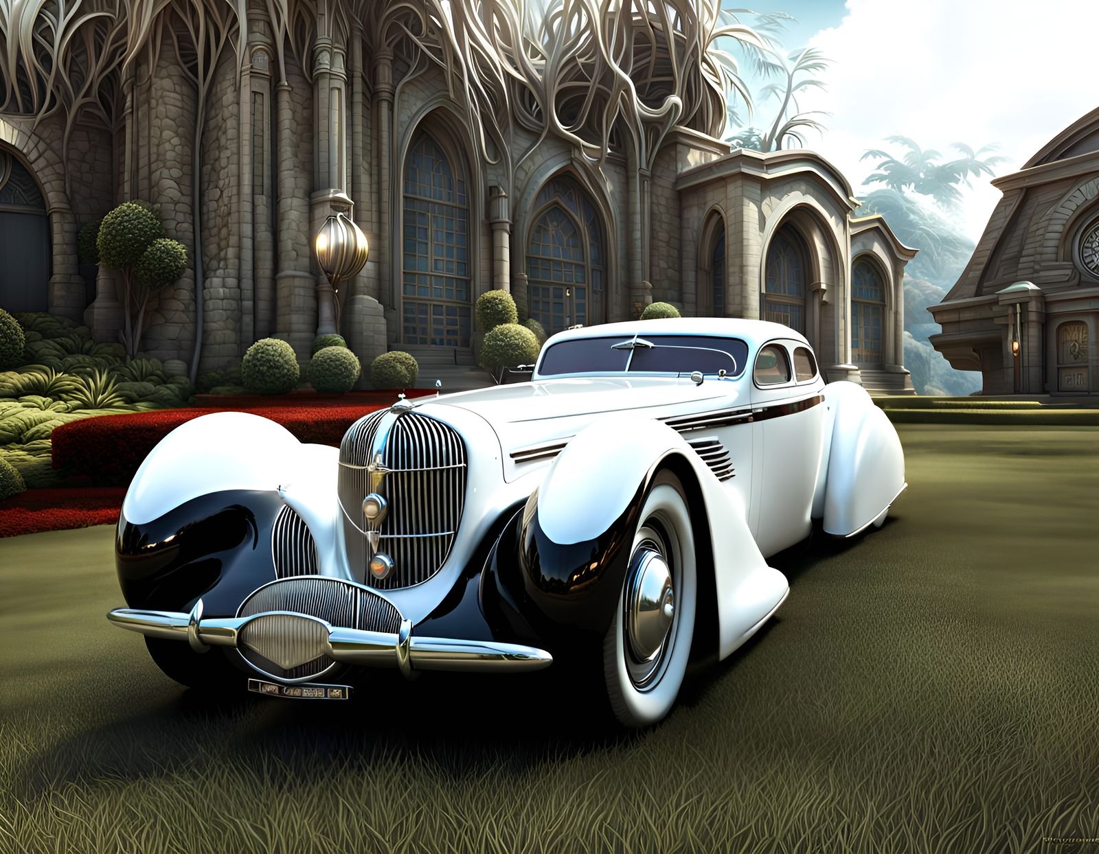 Retrofuturistic 1938 Car with Art Deco Curves