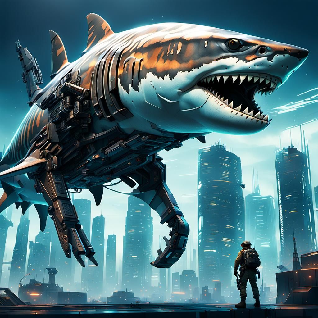 Tiger Shark with M16 in Sci-Fi Cityscape