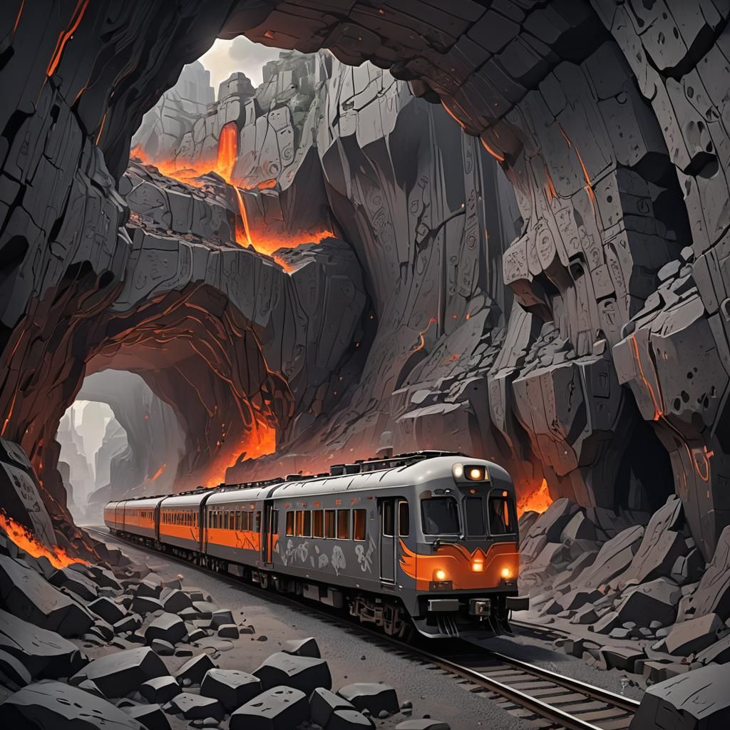 A gray train in a cavern filled with lava