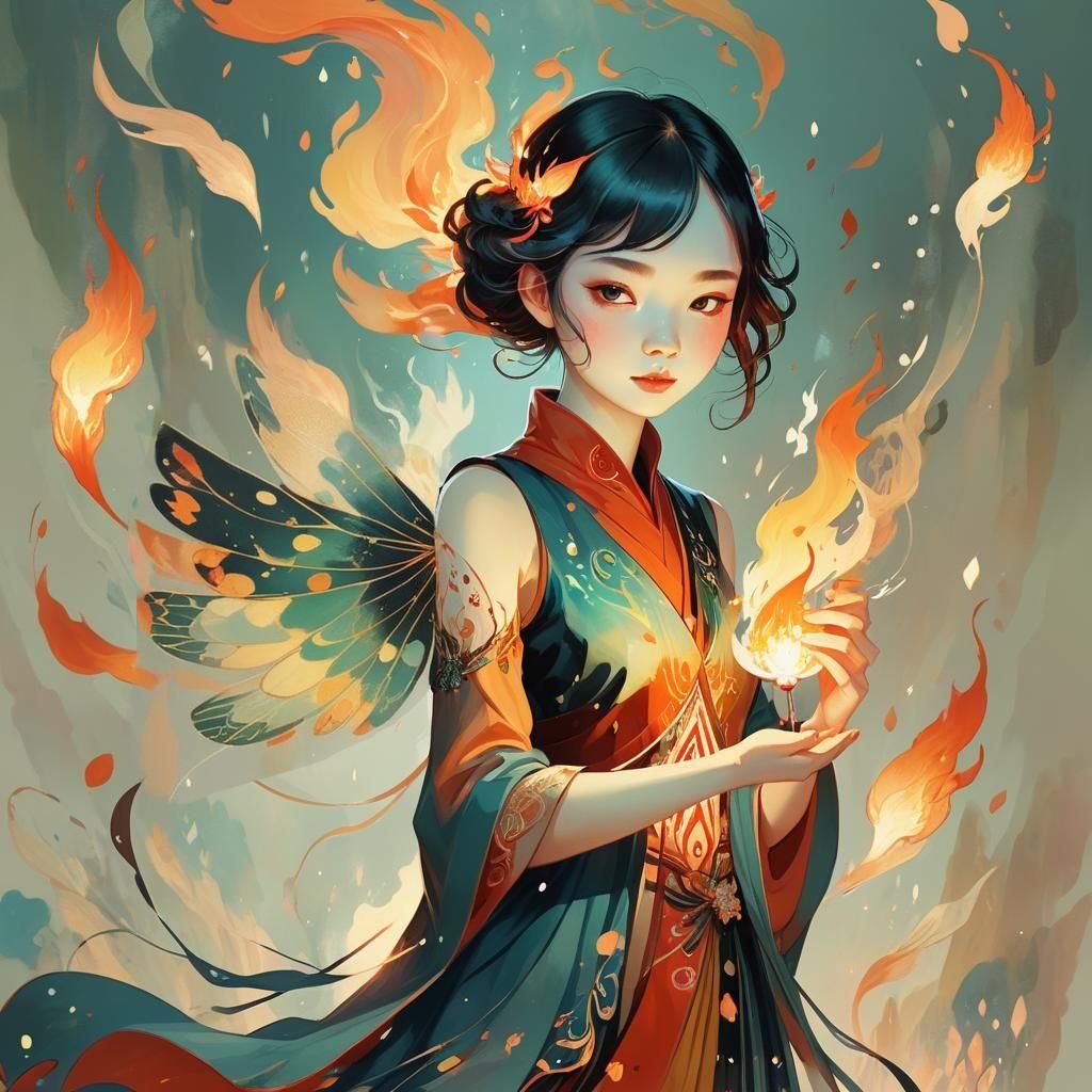 Fairy Holding Flame: Whimsical Splash Art Portrait