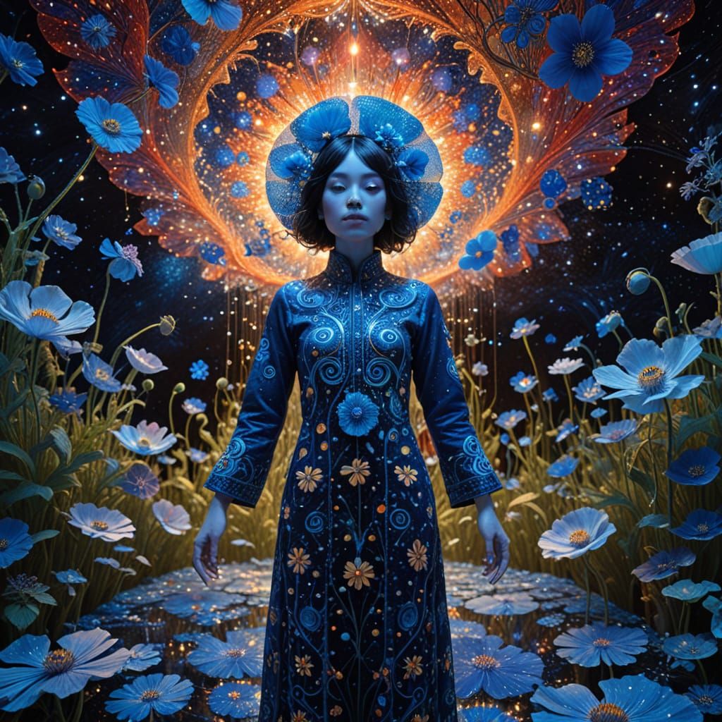 Hippie in Cosmic Surrealism, Holding Himalayan Blue Poppy