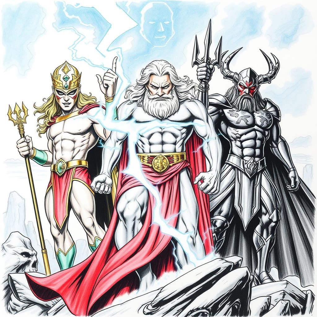 Three Olympian Heroes in a Vibrant Colored Pencil Style