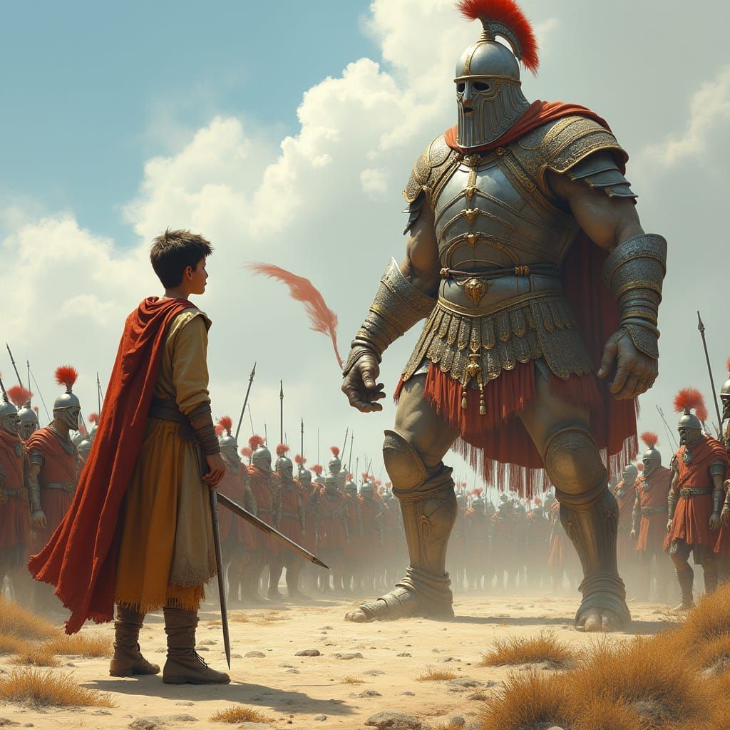 David Confronts Goliath and Philistine Army in Photorealisti...