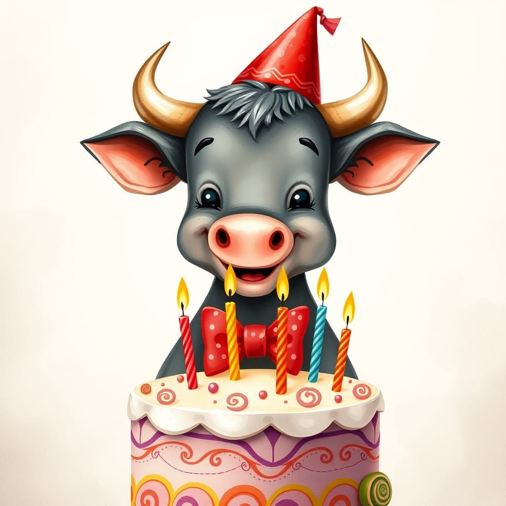 Joyful Bull Celebrates Birthday in Whimsical Watercolour Sty...