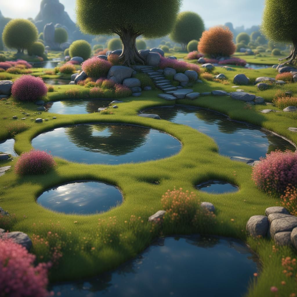 Fantastical Round Ponds on Lawn in Detailed Matte Painting