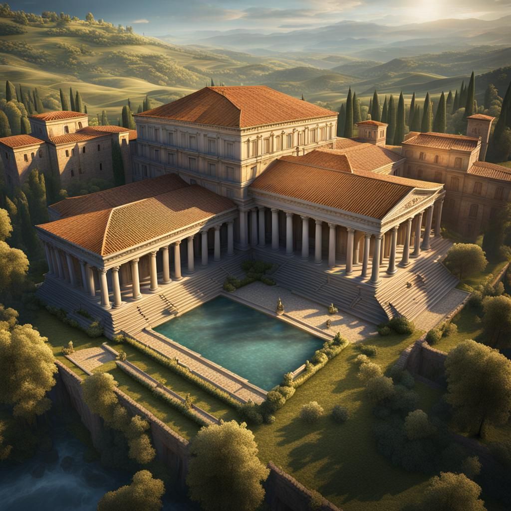 Classical Roman Palace in Tuscan Hills: Detailed Matte Paint...