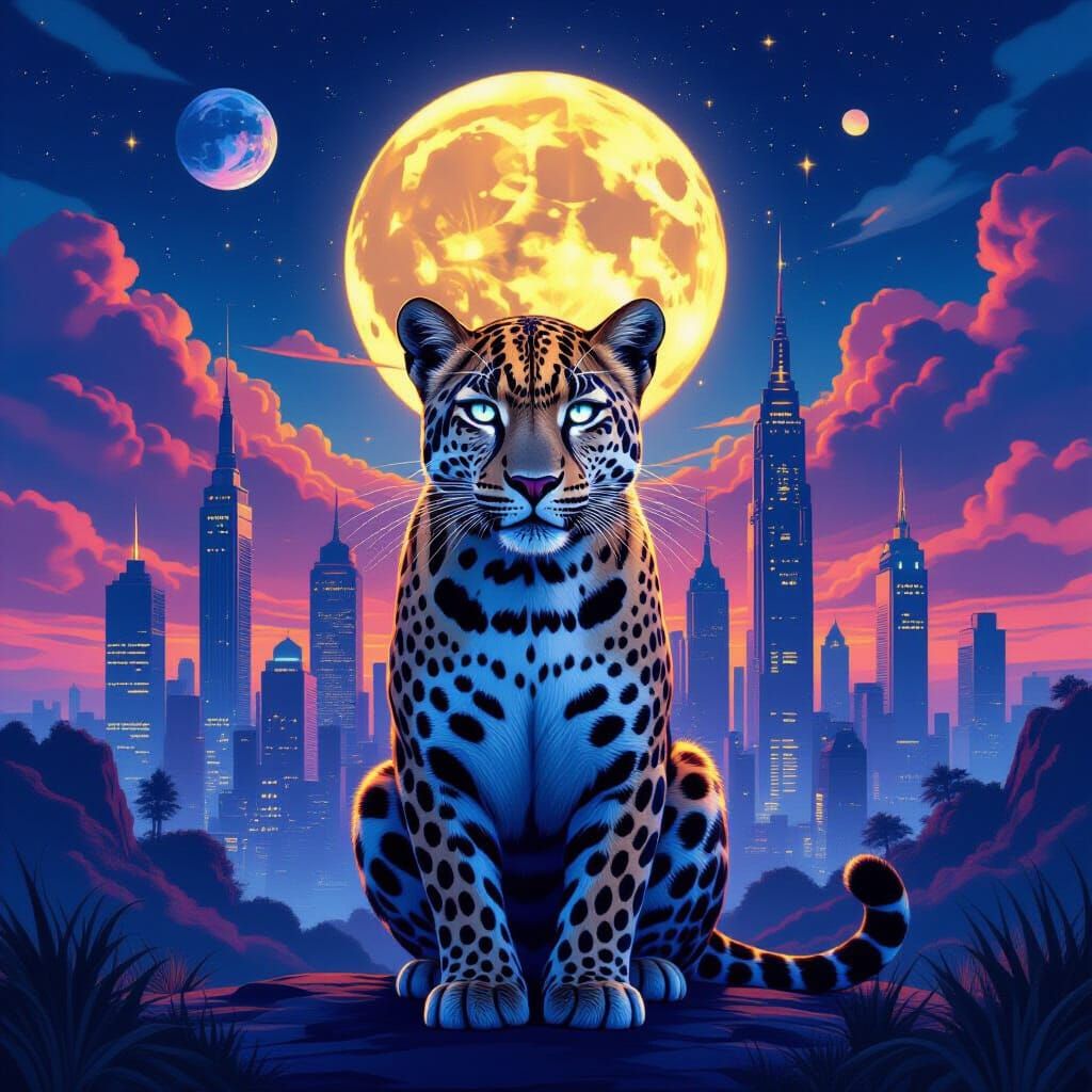 Leopard's Cosmic Eyes Over Futuristic City