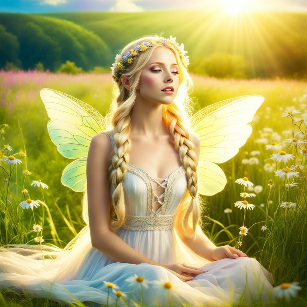 Summer Fairy in Lush Flower Meadow