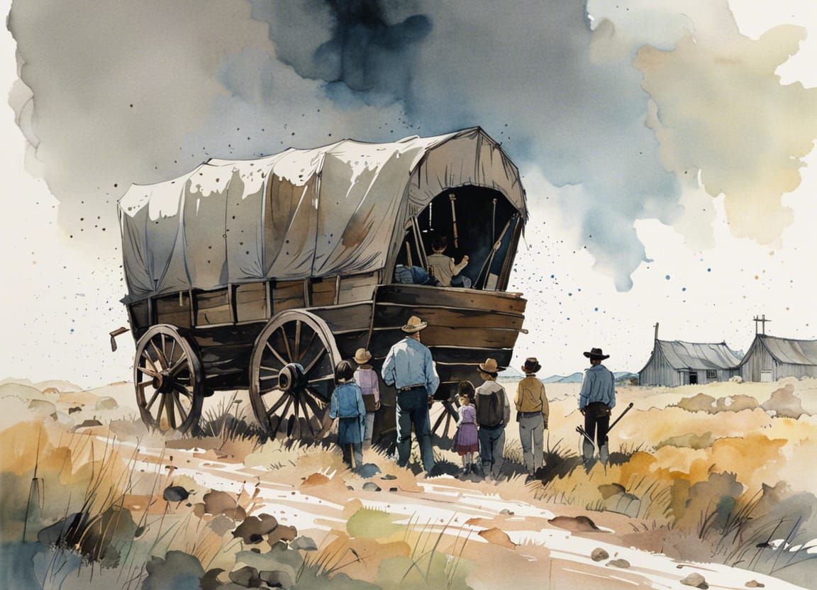 Pioneer Family on the Oregon Trail in Watercolor
