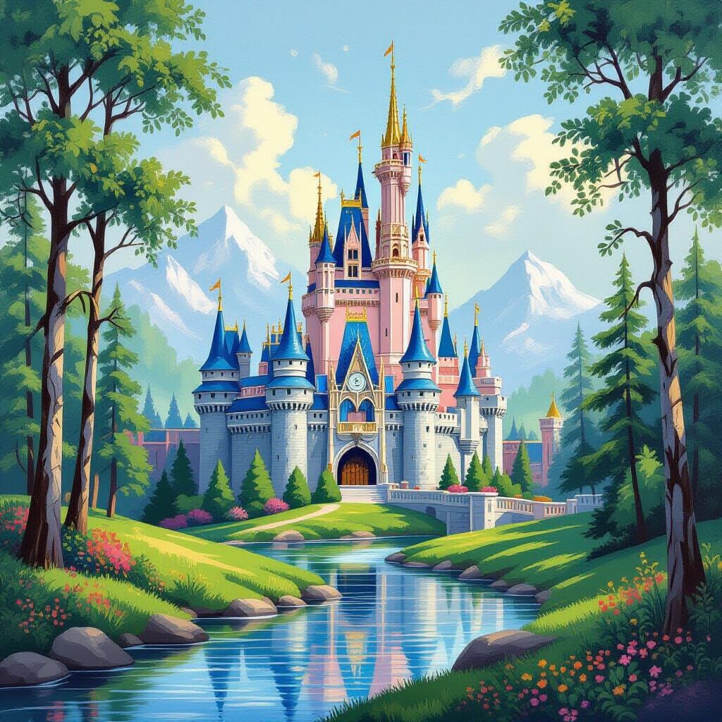 Bob Ross Style Castle in Vibrant Landscape