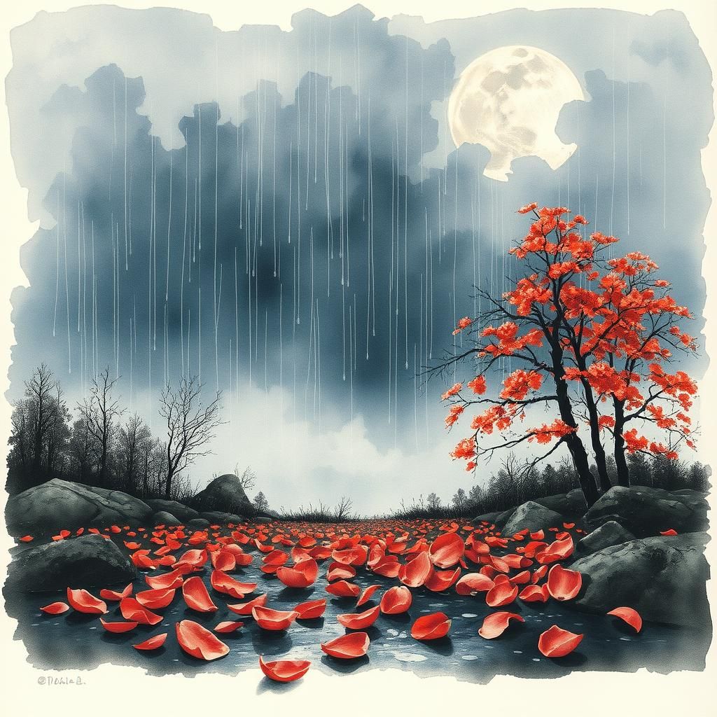 Rainy Night: Fallen Roses in Nordic Landscape