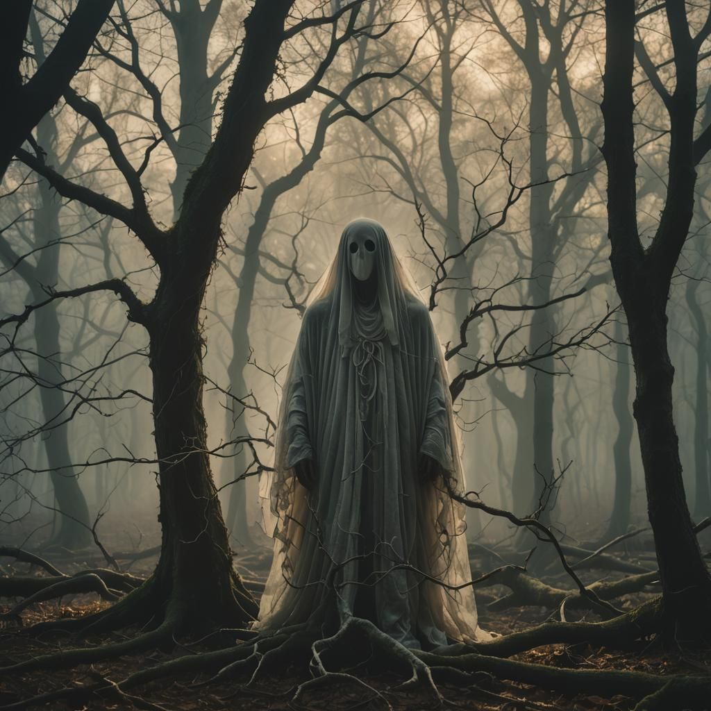Ethereal Ghost in a Misty Forest at Golden Hour