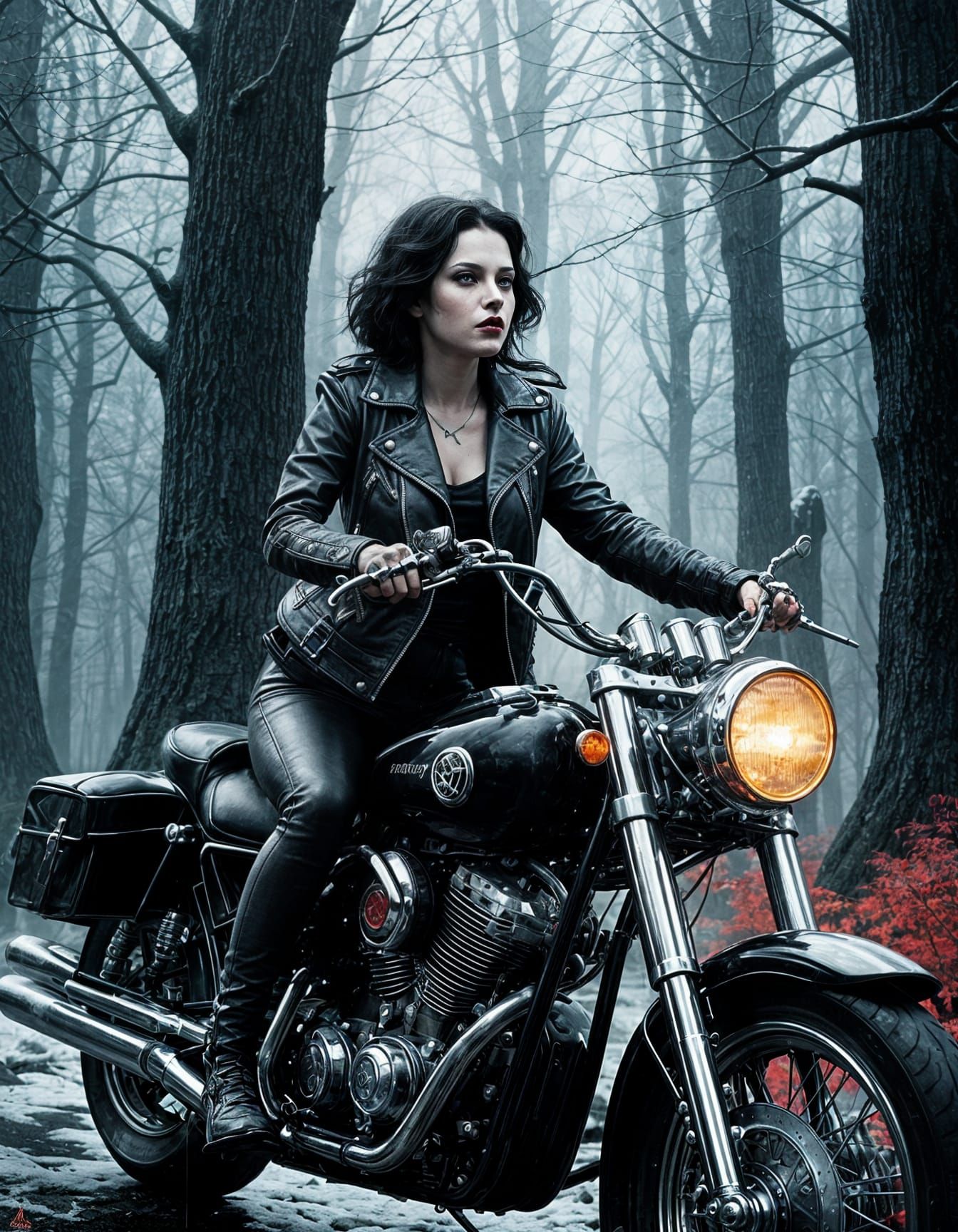Gothic Snow White in Dark Fantasy Motorcycle Scene