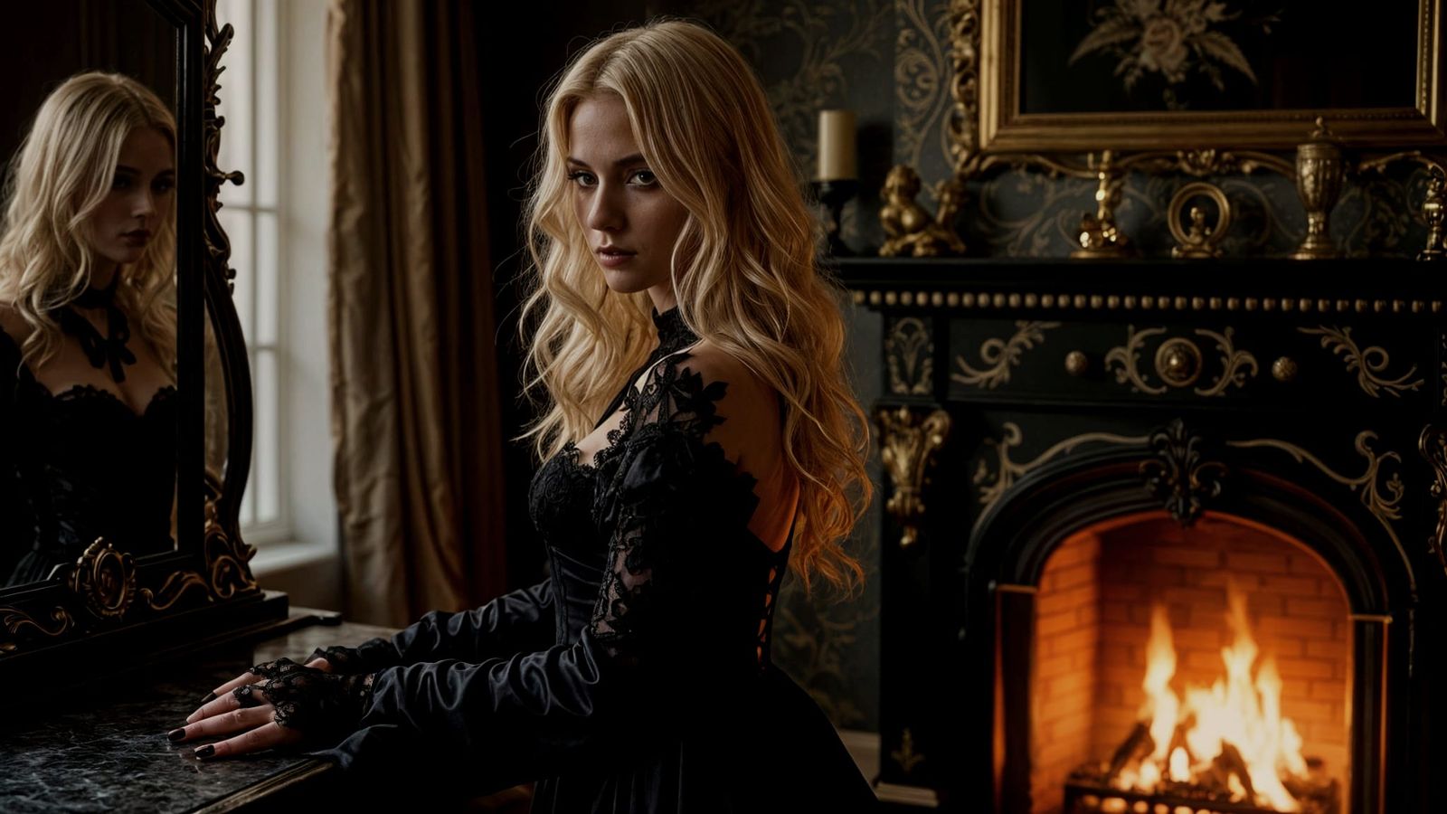 Gothic Woman in Silk Dress by Fireplace