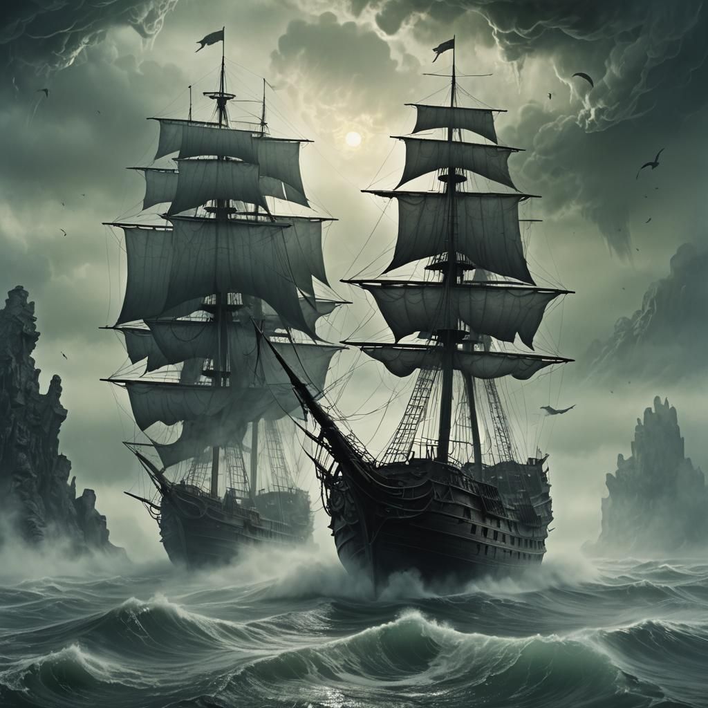 Flying Dutchman in Bioluminescent Mist, Dark Fantasy