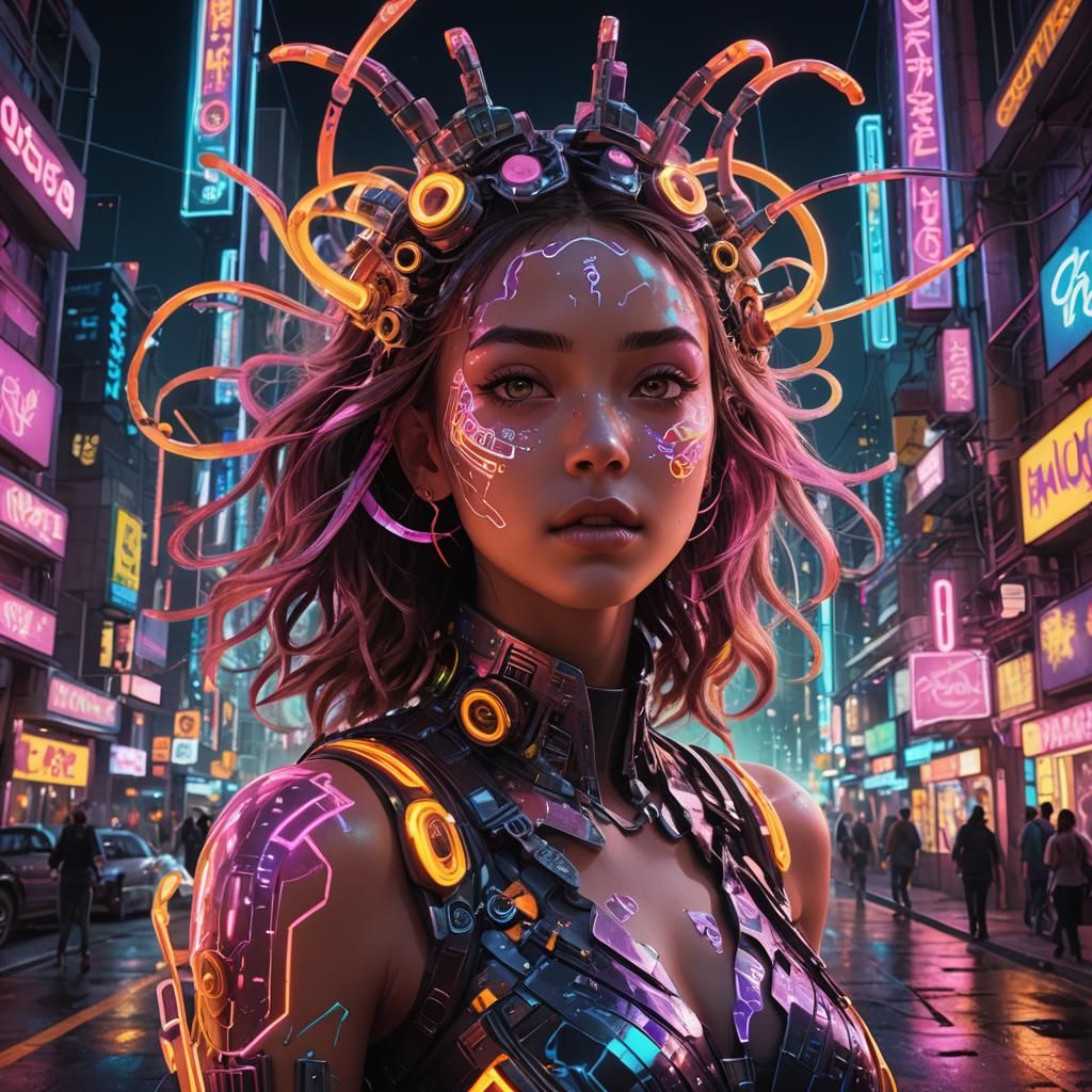 Taffy Dances in Neon Cityscape: Hyperrealistic Concept Art
