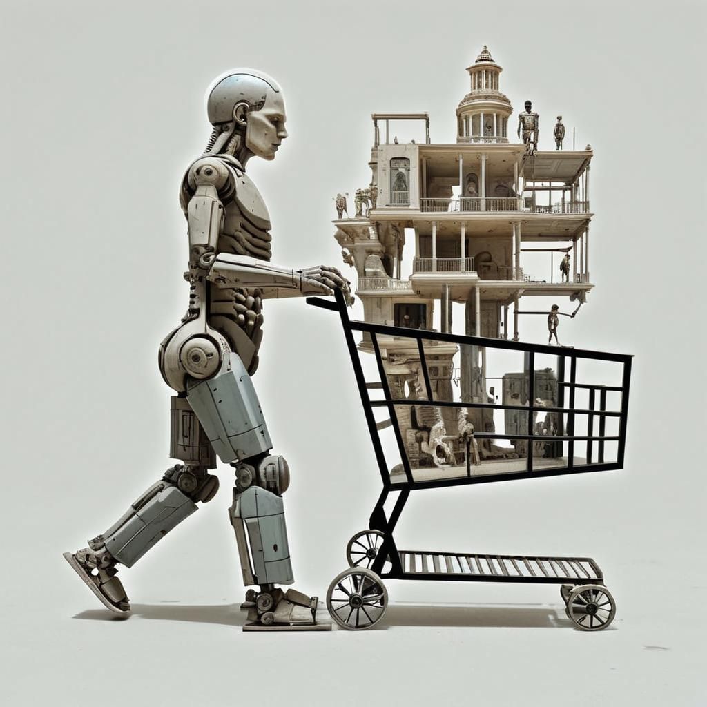 Surreal Android Museum Pushing Geometric Trolley