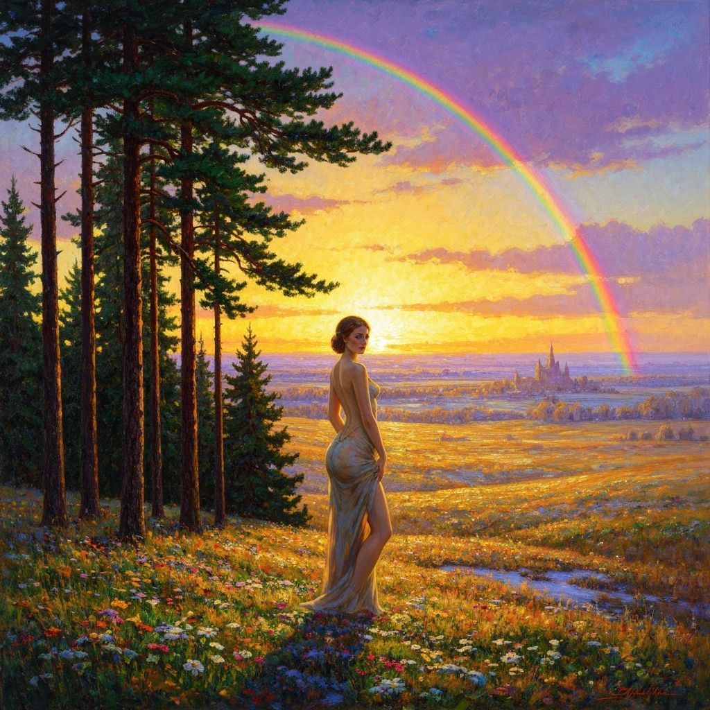 Sensual Woman in Winter Landscape at Golden Hour Sunset