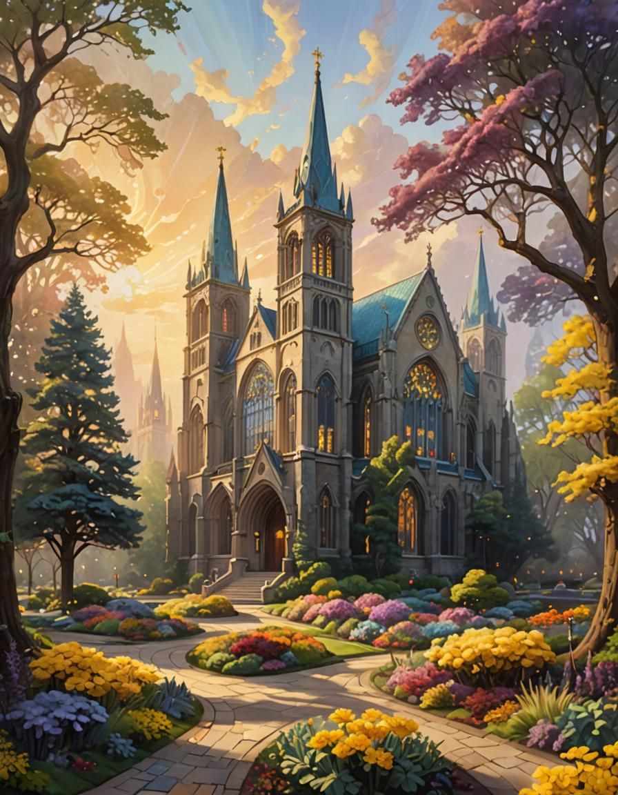 Idyllic Cathedral with Kale Flower in Kinkade Style