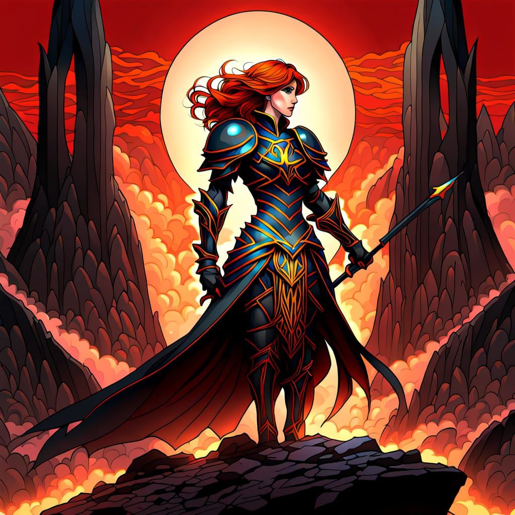 Androgynous Knight with Fiery Hair in Art Nouveau