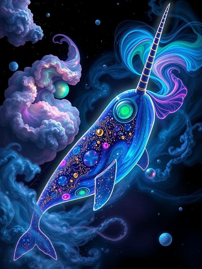 Neon Narwhal in Rainbow Nebula, Hyperdynamic Digital Art