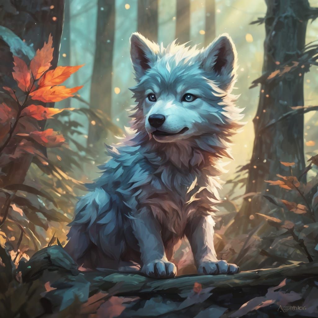 Vibrant Portrait of a Cute Wolf Cub in a Forest