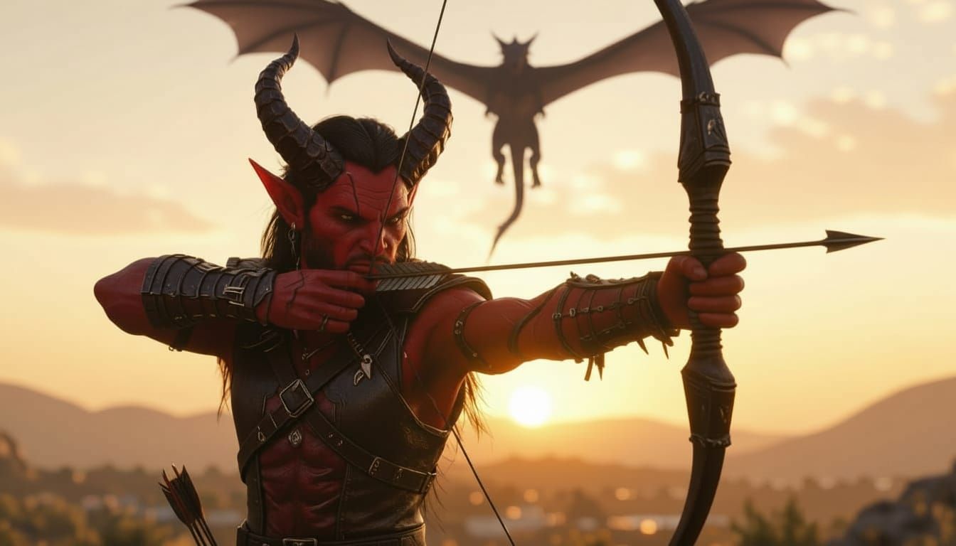 Tiefling Archer Aims Bow at Viewer in Golden Sunset