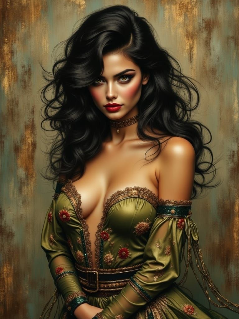 1950s Pin-Up Woman in Atmospheric Oil Painting Style