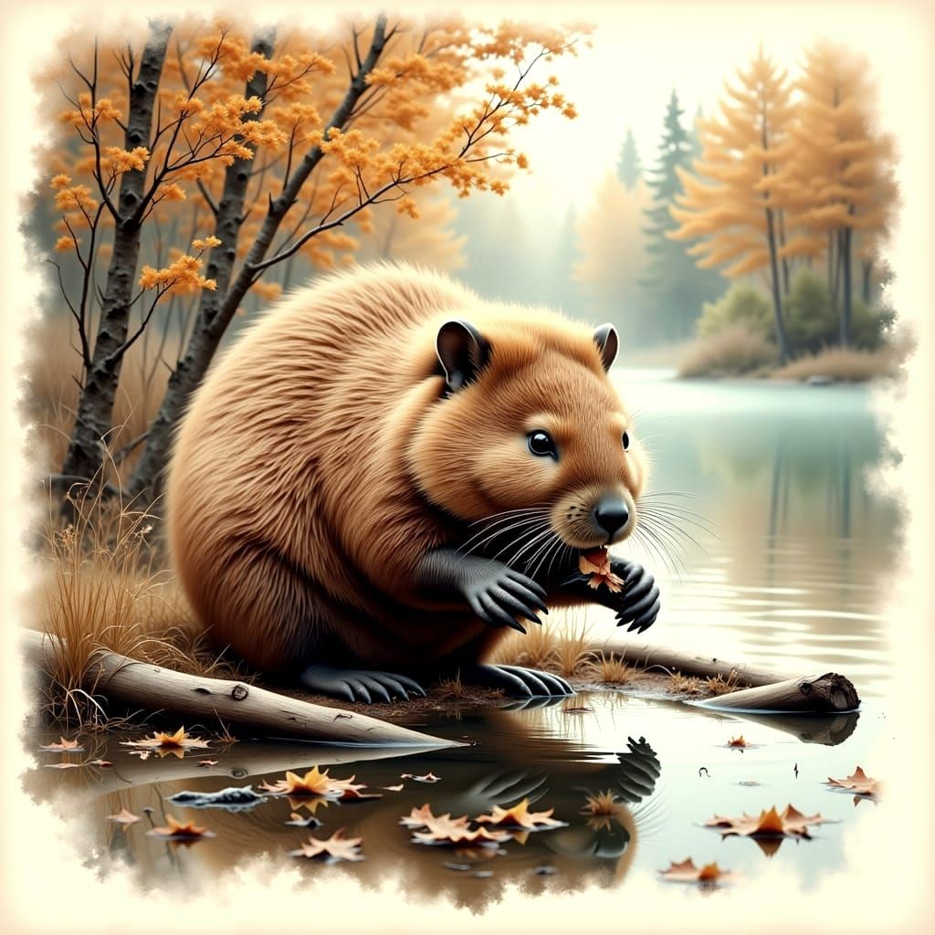 Busy Beaver Builds Dam in Autumn Canadian Wilderness