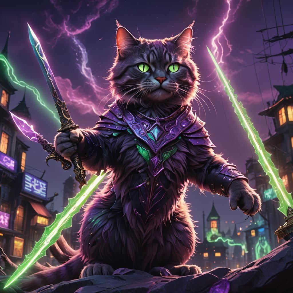 Neon Cat with Daggers Fantasy Concept Art