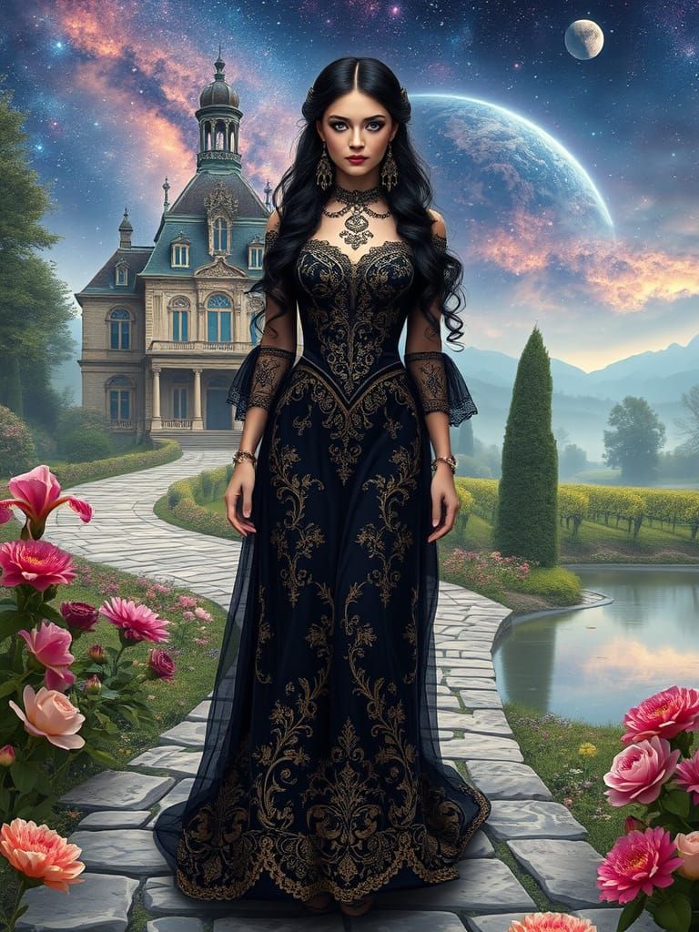 Ethereal Princess in Regal Victorian Gown Amidst French Chat...