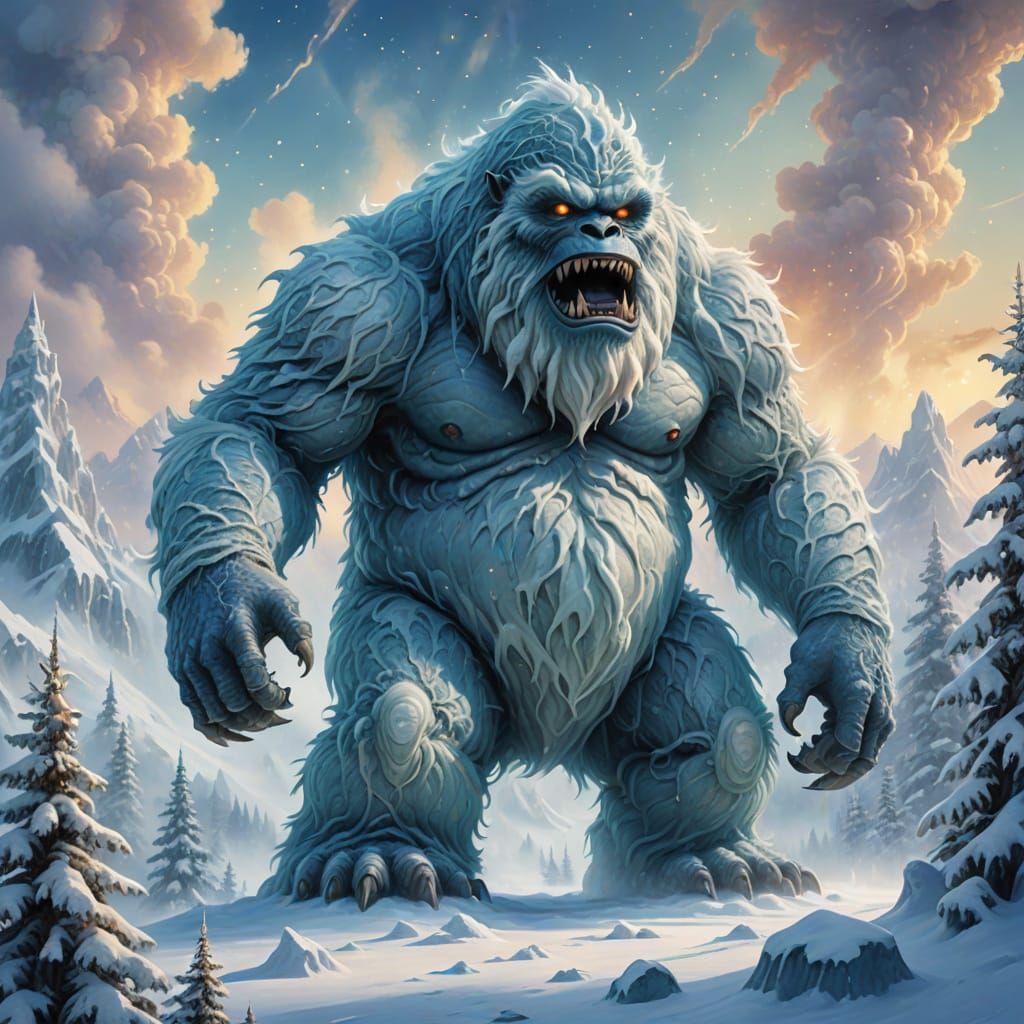 Abominable Snow Monster in Watercolor Winter Wonderland