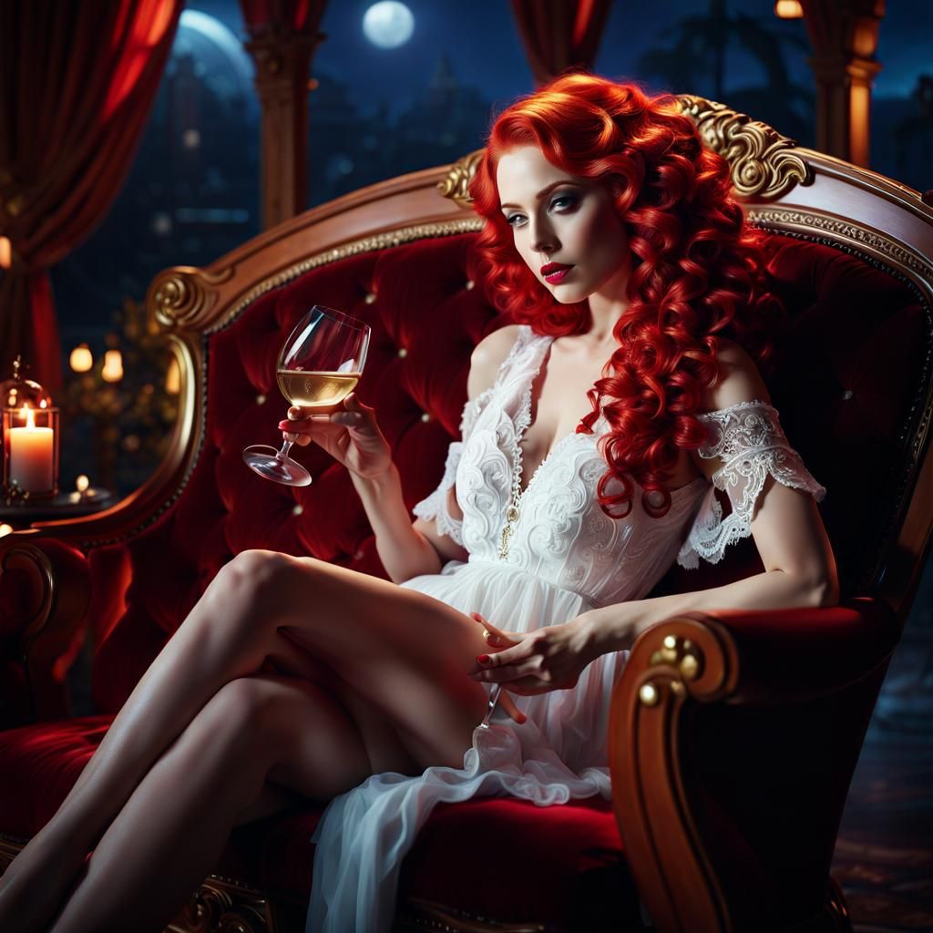 Red-Haired Woman Lounging, Detailed Matte Painting