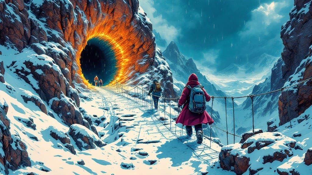 Adventurers Cross Snowy Rope Bridge in Moebius Style